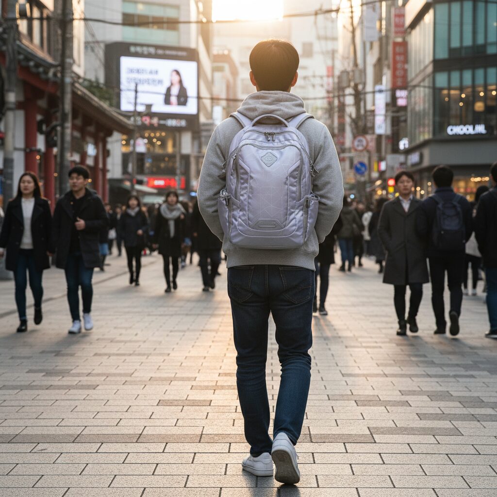 디스커버리 라이크 에어 퀀텀 백팩을 메고 있는 사람의 뒷모습으로 신학기 가방으로 적합한 디자인을 보여줌