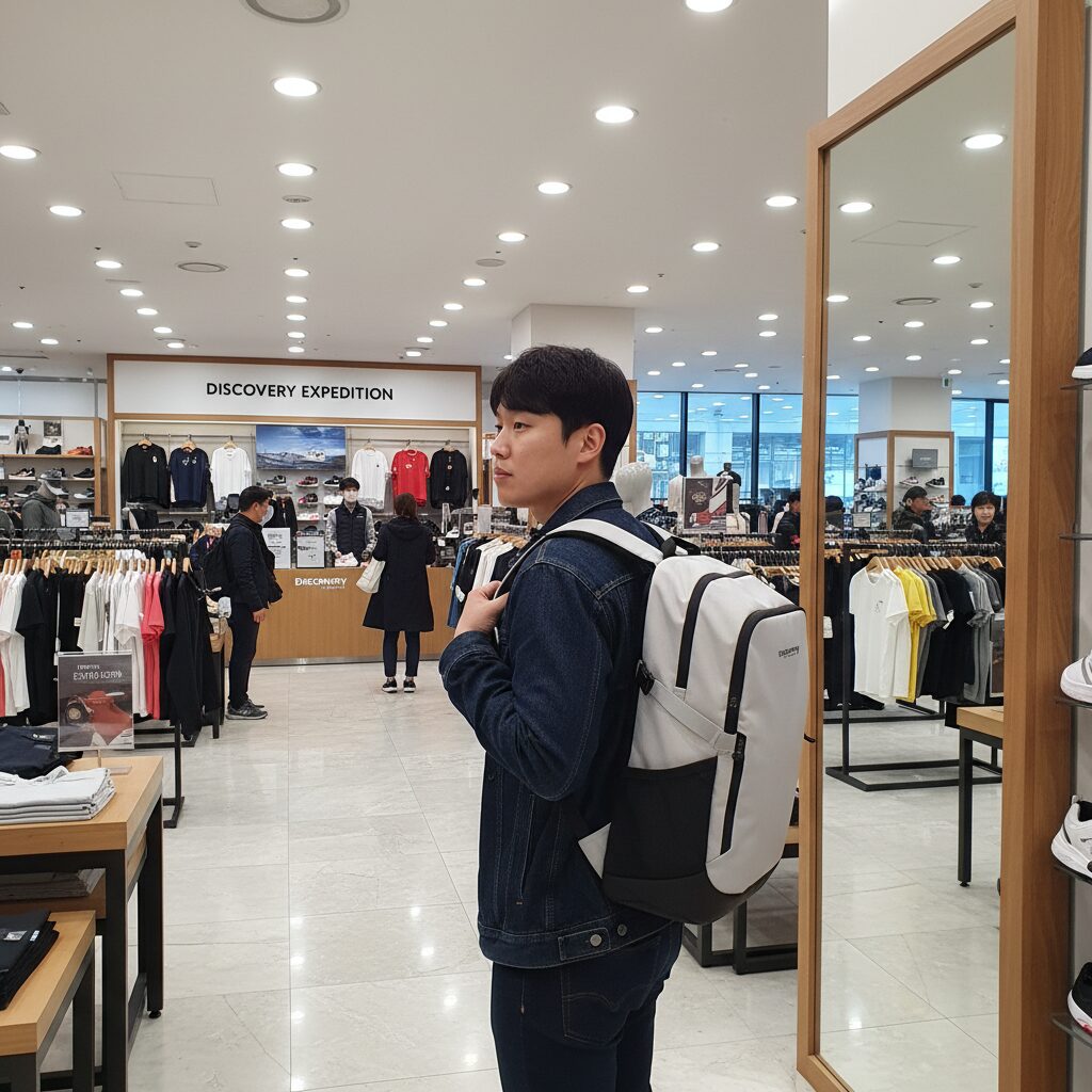 백화점 매장에서 디스커버리 라이크 에어 백팩을 착용해보는 모습