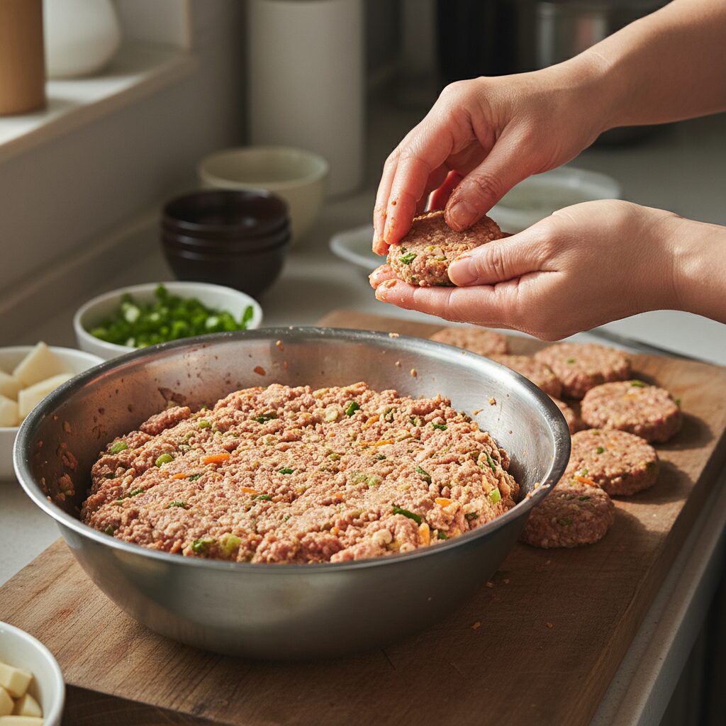 촉촉한 돼지고기 동그랑땡 만드는 쉬운 레시피 1 잘 치댄 동그랑땡 반죽을 손으로 동그랗게 빚는 모습