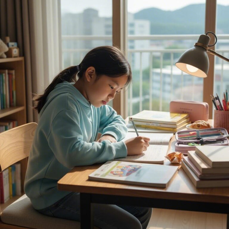 초등학생이 진지하게 자기소개서를 쓰고 있는 모습
