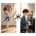 초등학생이 태권도와 피아노를 배우는 모습을 상징하는 일러스트