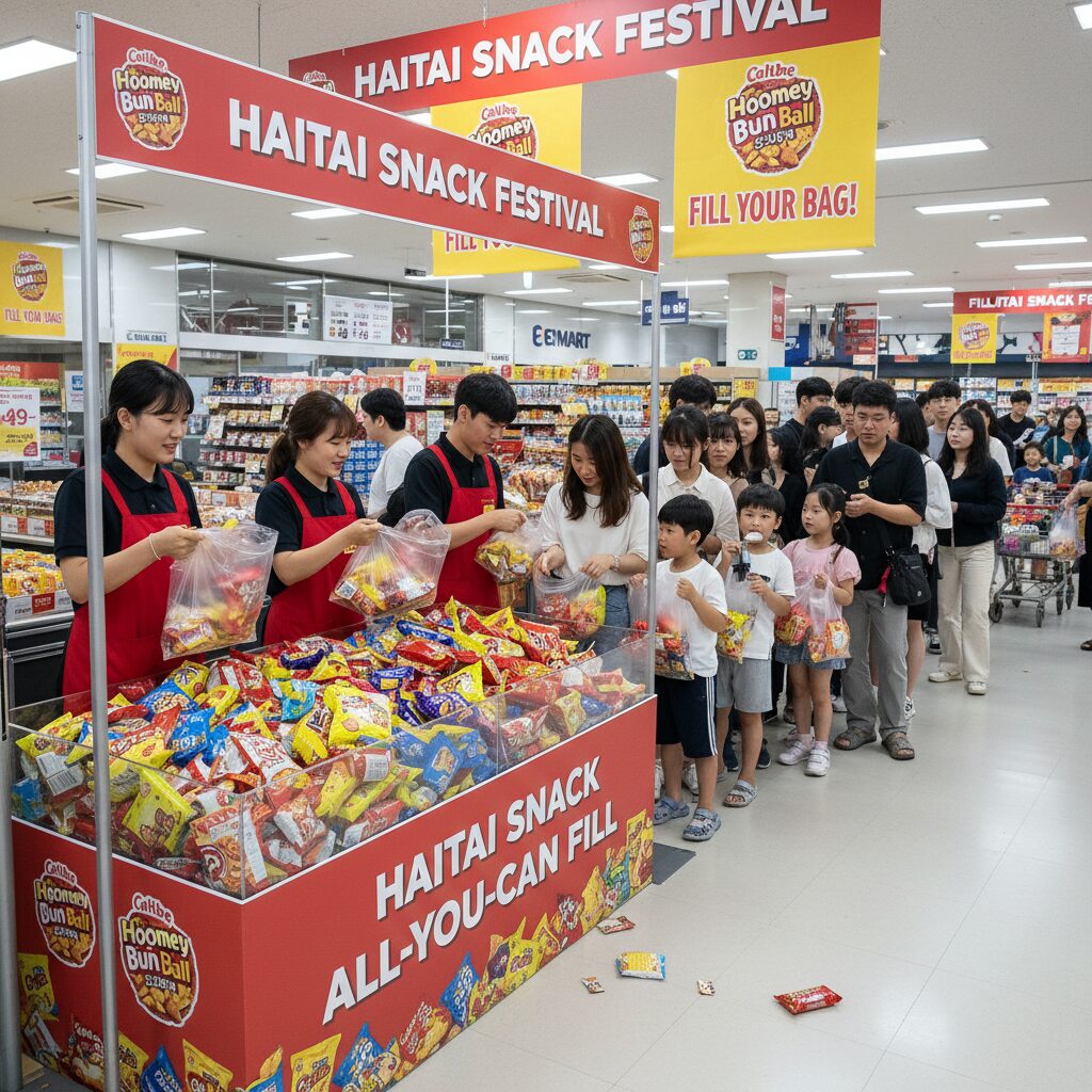 이마트 사천점 입구에 마련된 해태과자 무한담기 행사 코너