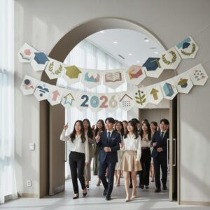 2026년 트렌드를 반영한 입학식 가랜드 예시, 한지와 펠트 소재로 제작