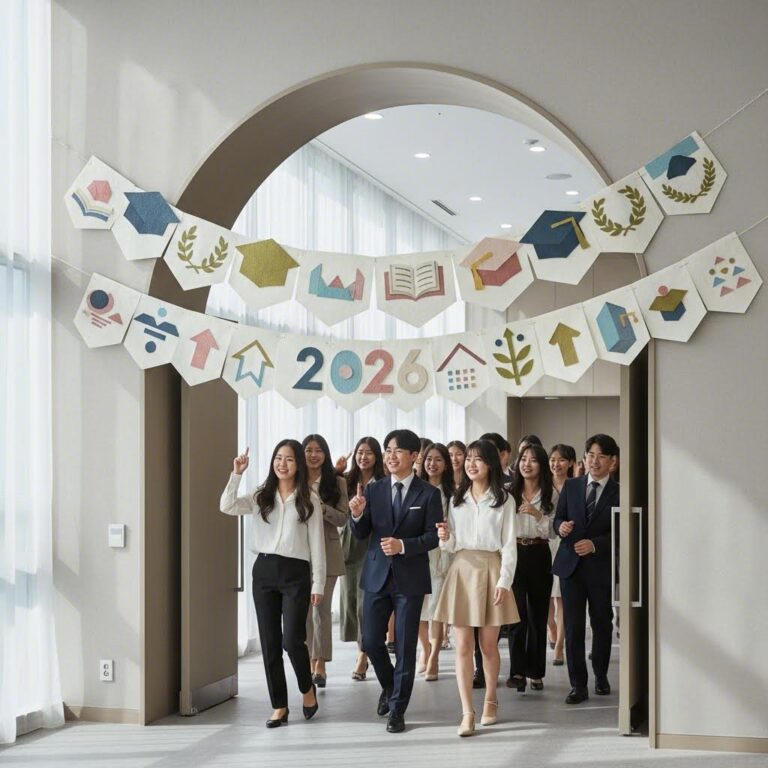 2026년 트렌드를 반영한 입학식 가랜드 예시, 한지와 펠트 소재로 제작