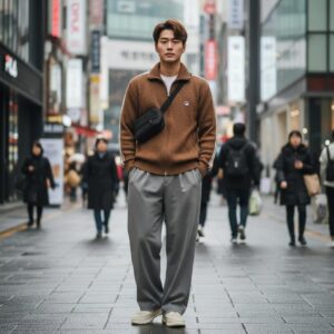 브라운 휠라 니트트랙 자켓을 입고 그레이 와이드 팬츠와 매치한 스타일