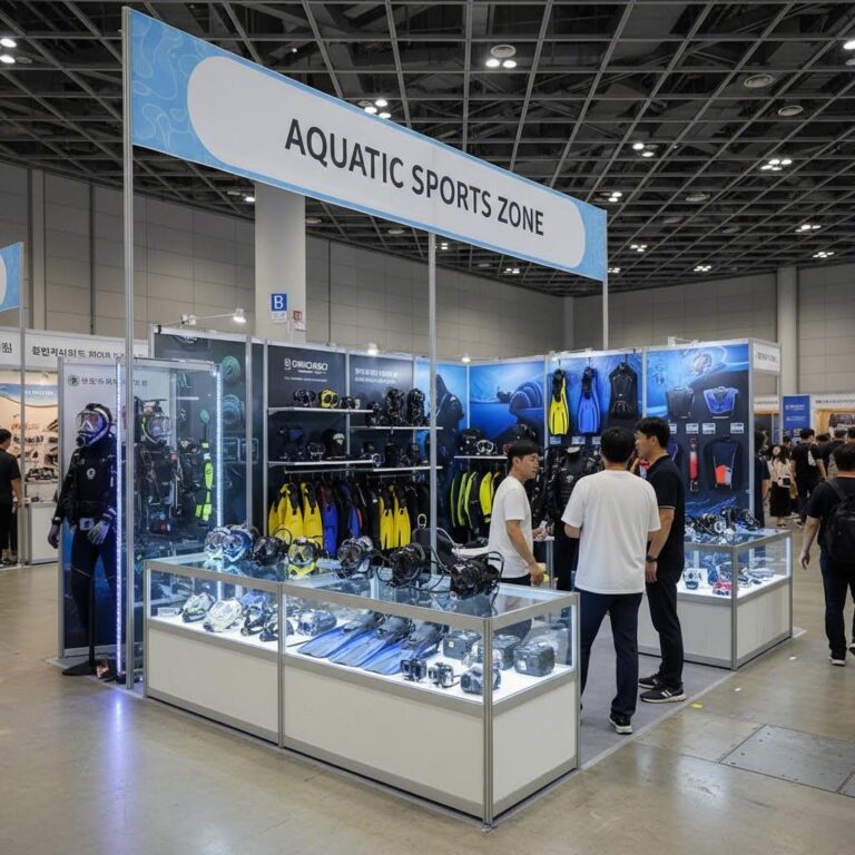 스포엑스 수중스포츠 존의 다양한 다이빙 장비 전시 모습