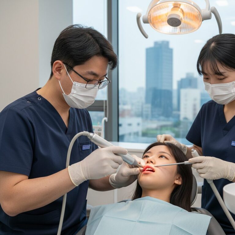 치과 의사가 레이저 장비를 사용하여 순소대 절제술을 시행하는 모습