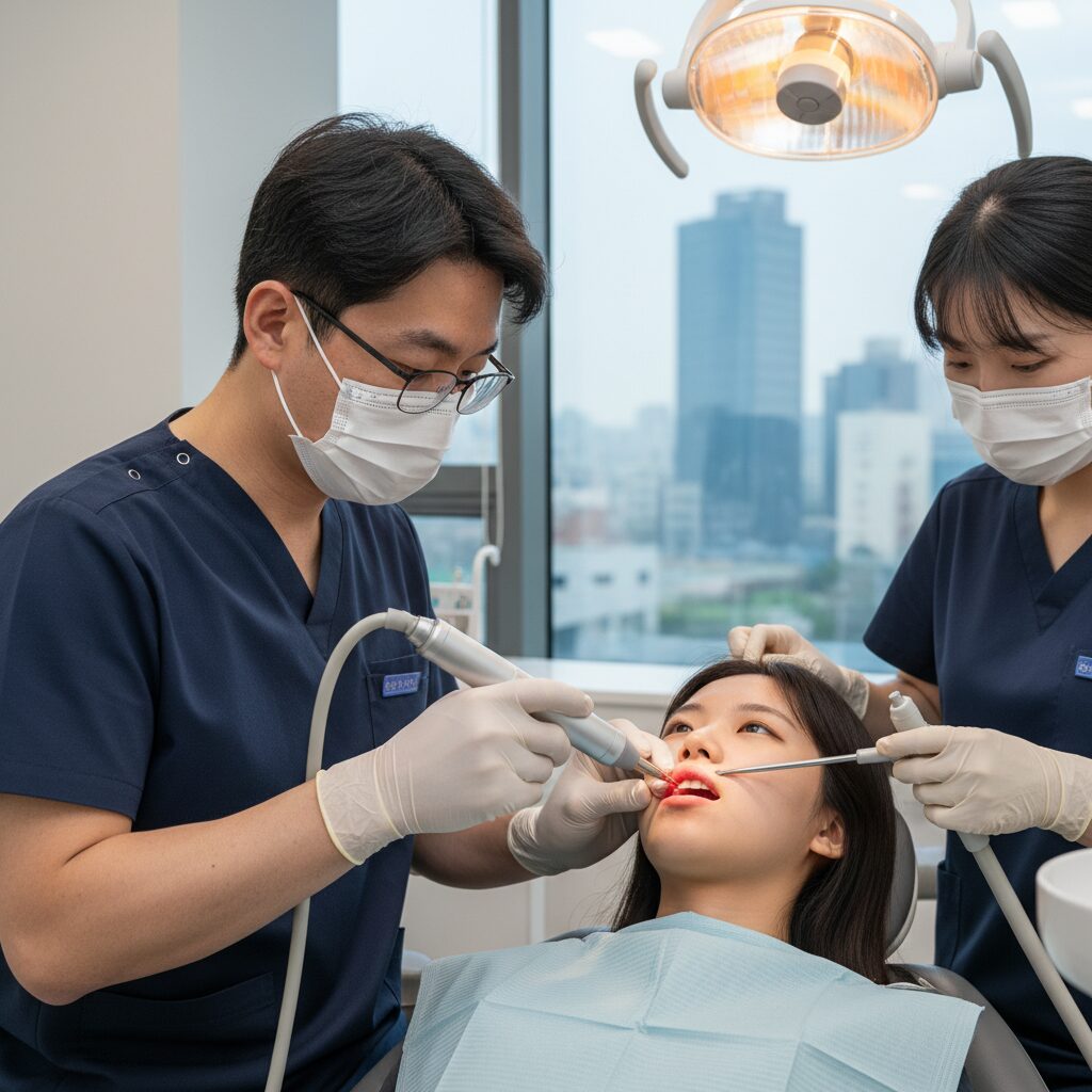 치과 의사가 레이저 장비를 사용하여 순소대 절제술을 시행하는 모습