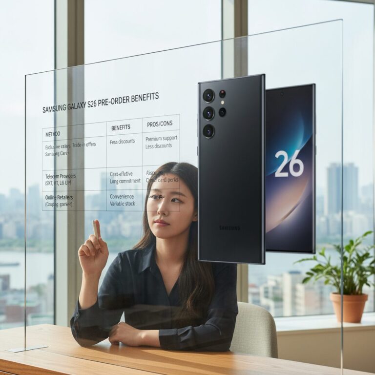 삼성 갤럭시 S26 사전예약 구매 방법별 특징 비교 표와 휴대폰 이미지