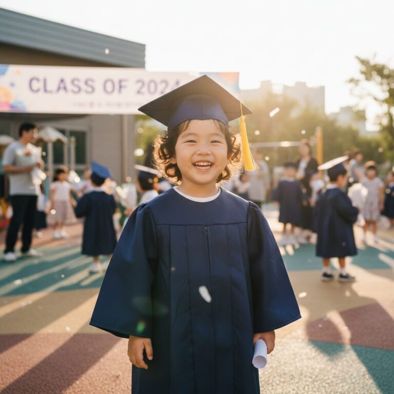 어린이집 졸업 가운을 입고 미소 짓는 유아의 사진