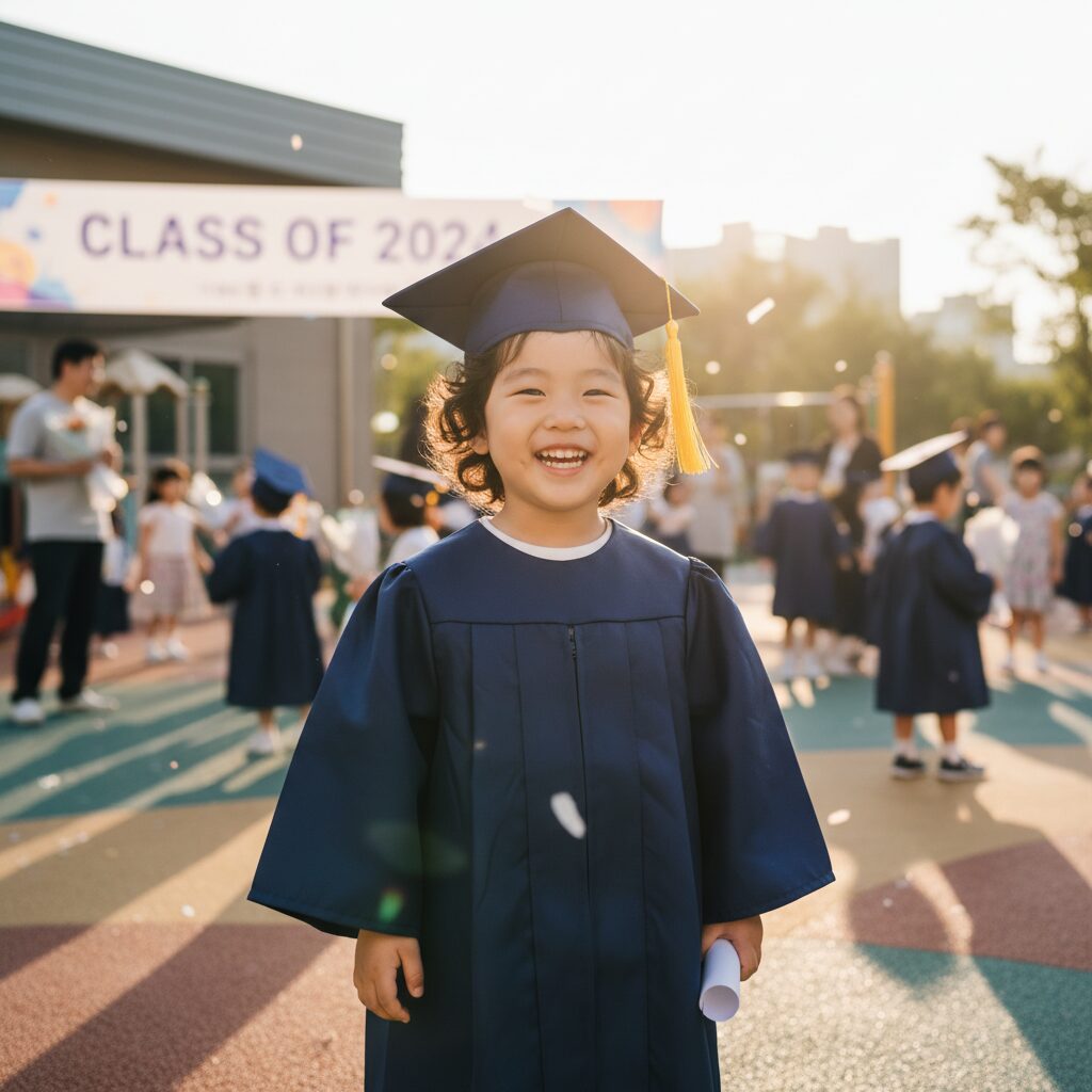 어린이집 졸업 가운 준비와 추억 만들기 1 어린이집 졸업 가운을 입고 미소 짓는 유아의 사진