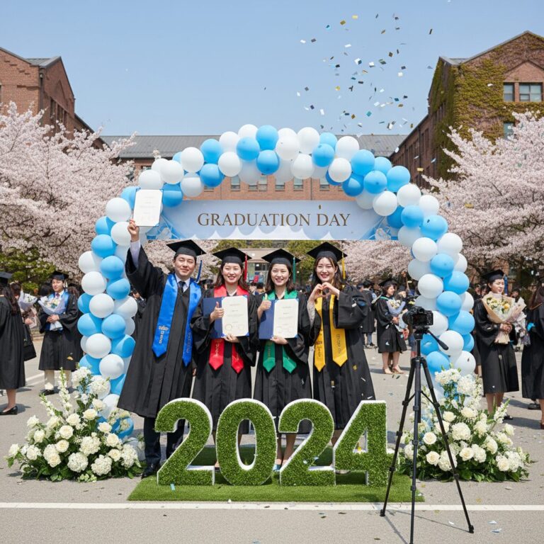 졸업식 날 학교 캠퍼스에 마련된 포토존에서 졸업생들이 기념사진을 찍고 있다