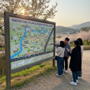 광양 매화축제 행사장 안내도와 주차장, 셔틀버스 승강장 위치를 보여주는 지도