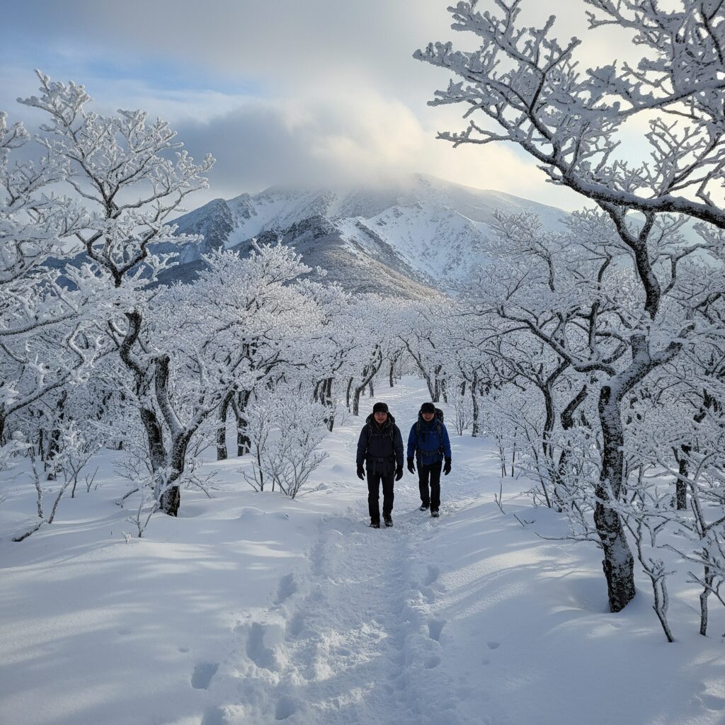 3월 한라산 눈 덮인 등산로와 겨울나무 풍경