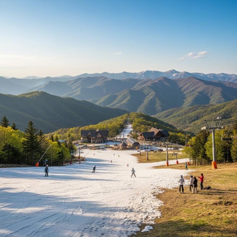 봄날 햇살 아래 하이원 스키장의 넓은 슬로프와 산악 경관
