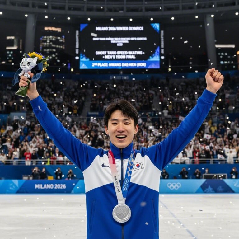 황대헌 선수가 밀라노 올림픽 1500m 은메달 획득 후 기뻐하는 모습