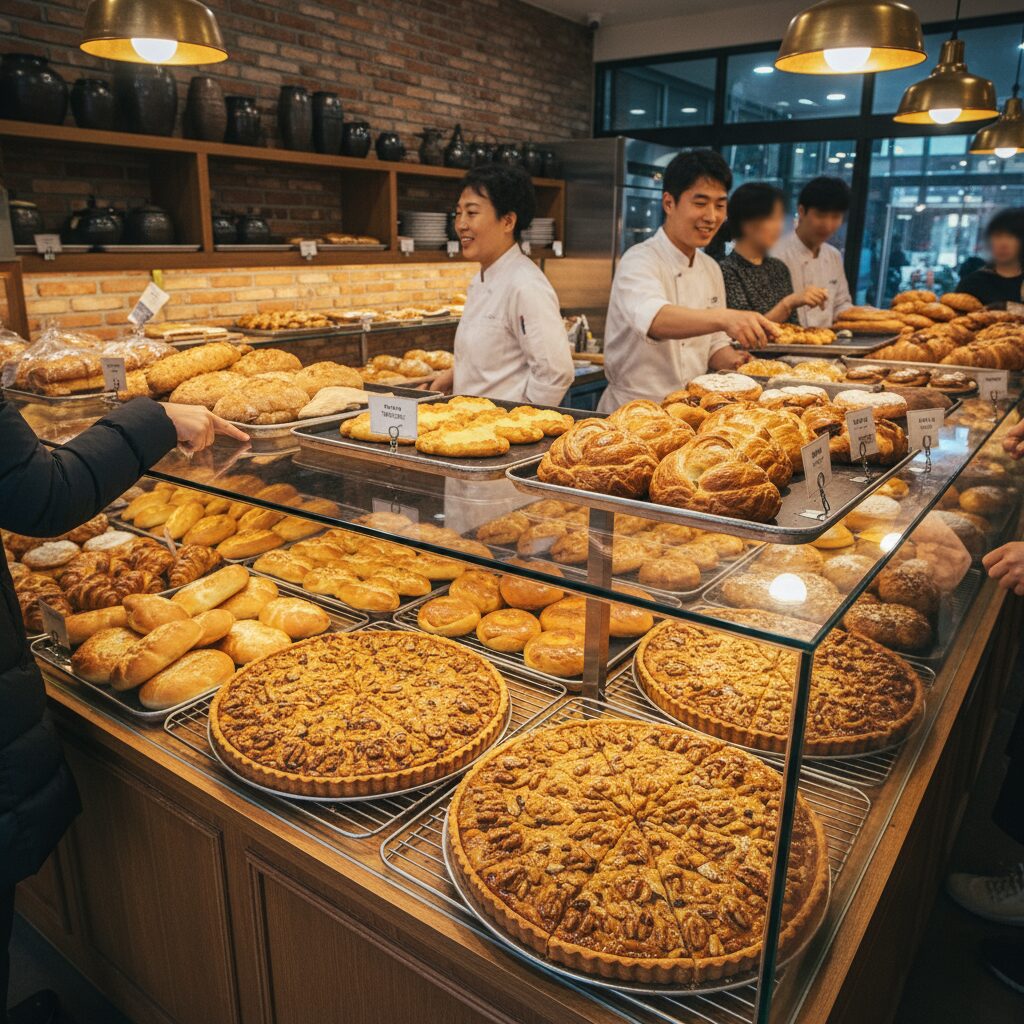 서촌 빵지순례 마사마드레 효자베이커리 추천 2 효자베이커리 진열대에 다양한 빵과 호두 타르트가 가득 진열된 모습