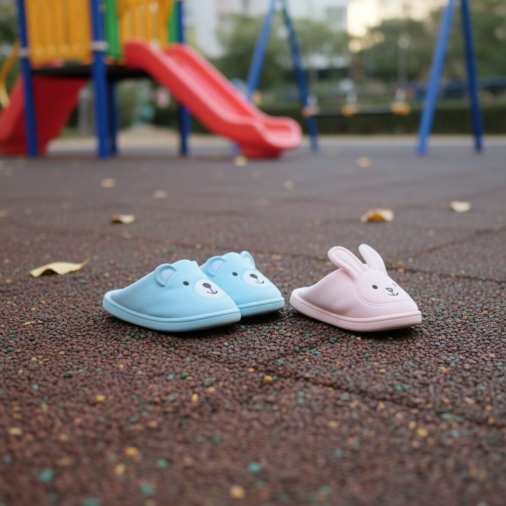 어린이 유치원 실내화가 놀이터 바닥에 놓여 있는 모습