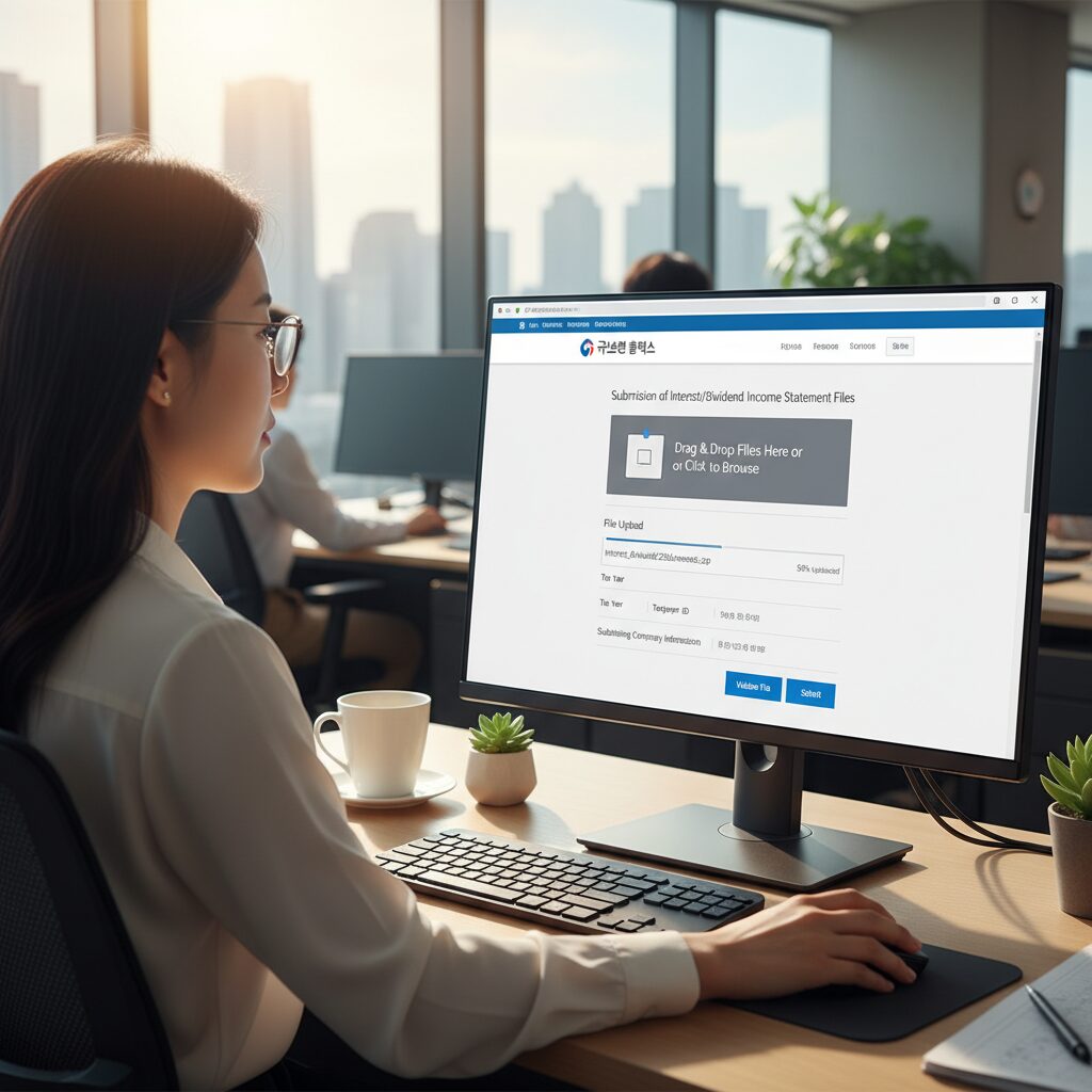 홈택스에서 이자배당소득 지급명세서 변환파일을 업로드하여 제출하는 화면 예시