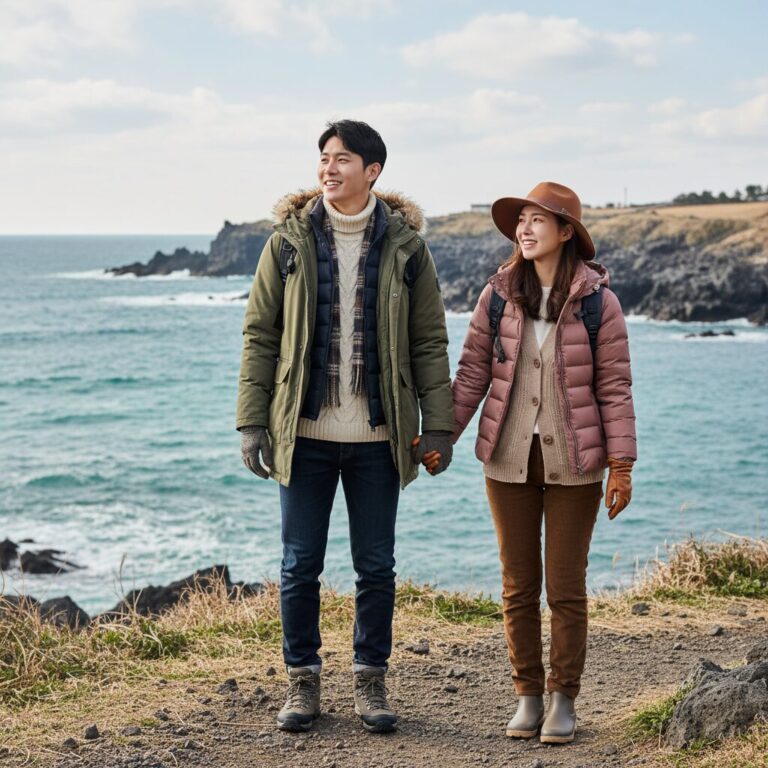 제주도 2월 여행을 위한 겹쳐 입기 스타일 예시
