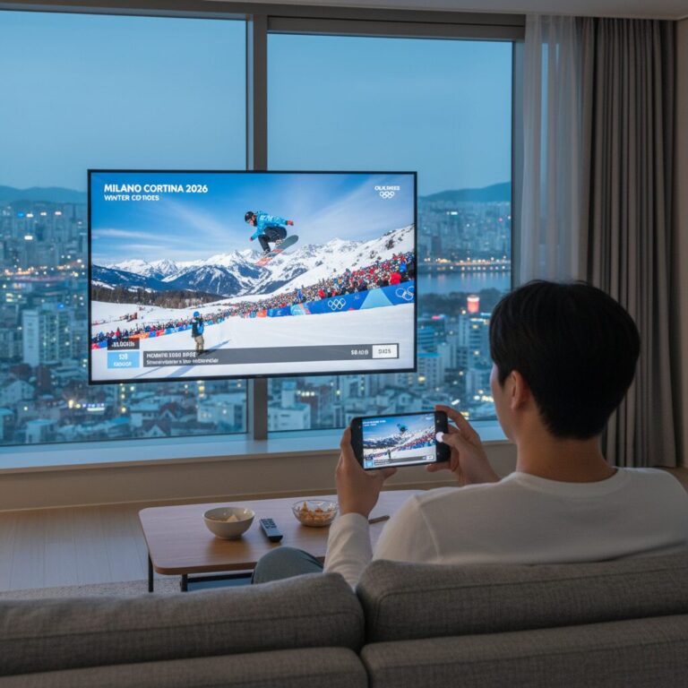 2026 밀라노 동계올림픽 중계를 보여주는 스마트폰과 TV 화면