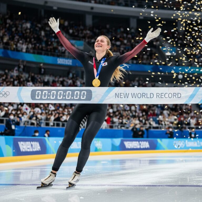 유타 레이르담이 여자 1000m 금메달을 획득한 후 결승선을 통과하고 감격의 눈물을 흘리는 장면