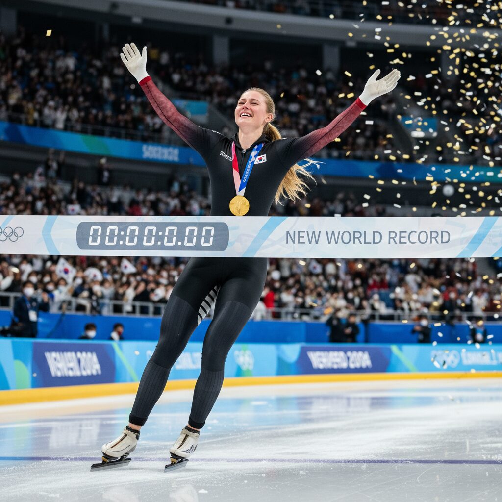 유타 레이르담이 여자 1000m 금메달을 획득한 후 결승선을 통과하고 감격의 눈물을 흘리는 장면
