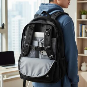 캉골 백팩의 어깨끈과 가슴 벨트, 내부 수납공간을 클로즈업한 사진