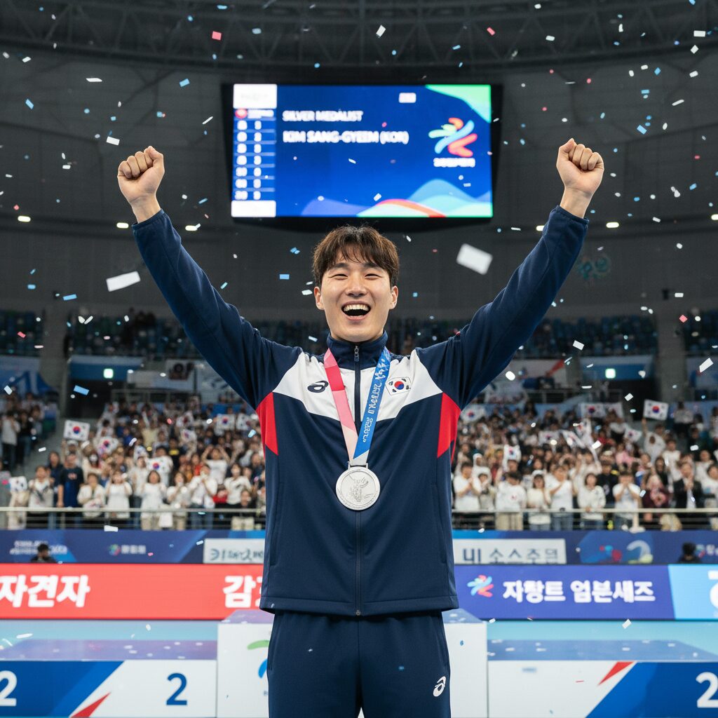 김상겸 선수가 은메달 획득 후 기뻐하는 모습