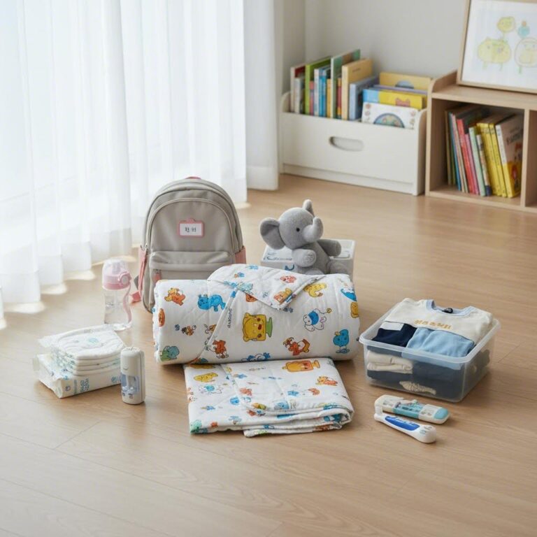 어린이집 준비물 예시로 낮잠이불 세트와 개인 물품들이 정리되어 있는 사진