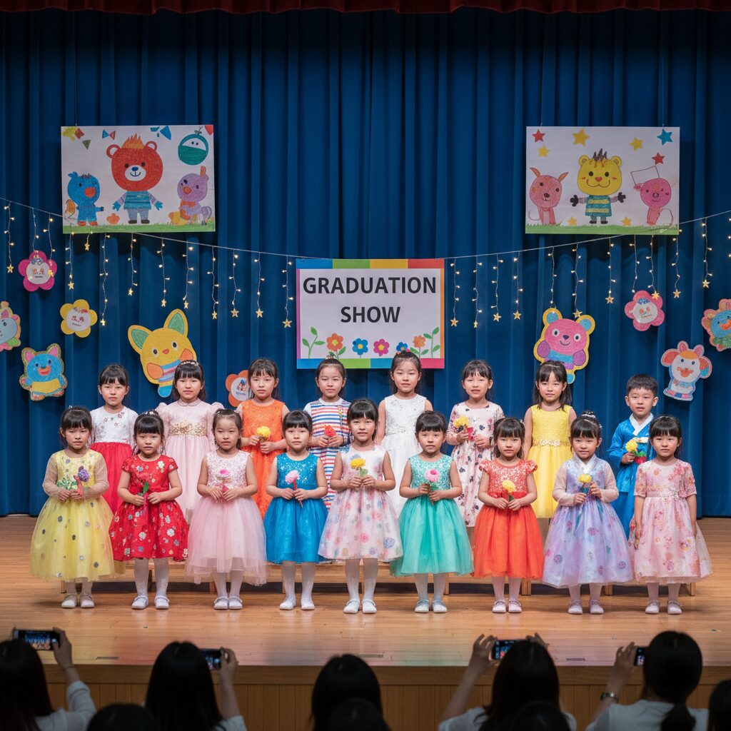 어린이집 졸업 발표회에서 알록달록 드레스를 입고 서 있는 아이들 무대