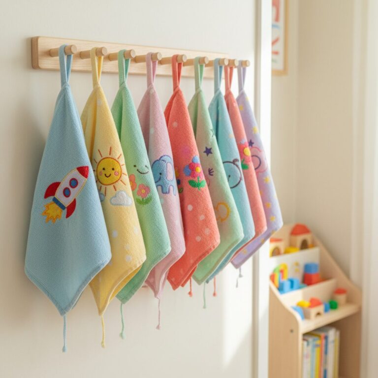 여러 가지 색상과 자수로 꾸며진 유치원 고리 손수건 세트가 걸려 있는 모습