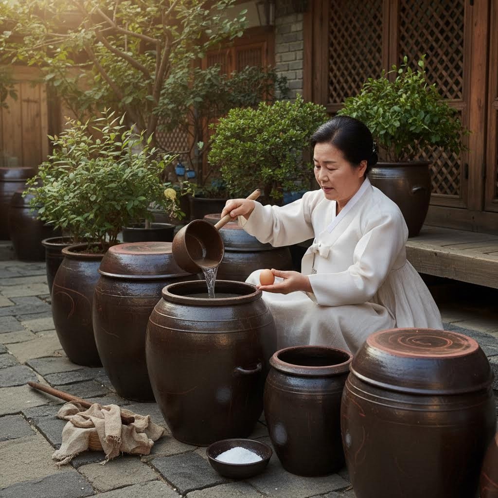 정월장 담그기 전통 재현 완벽한 준비과정 1 정월장 항아리에 소금물을 붓고 날계란으로 염도를 확인하는 과정