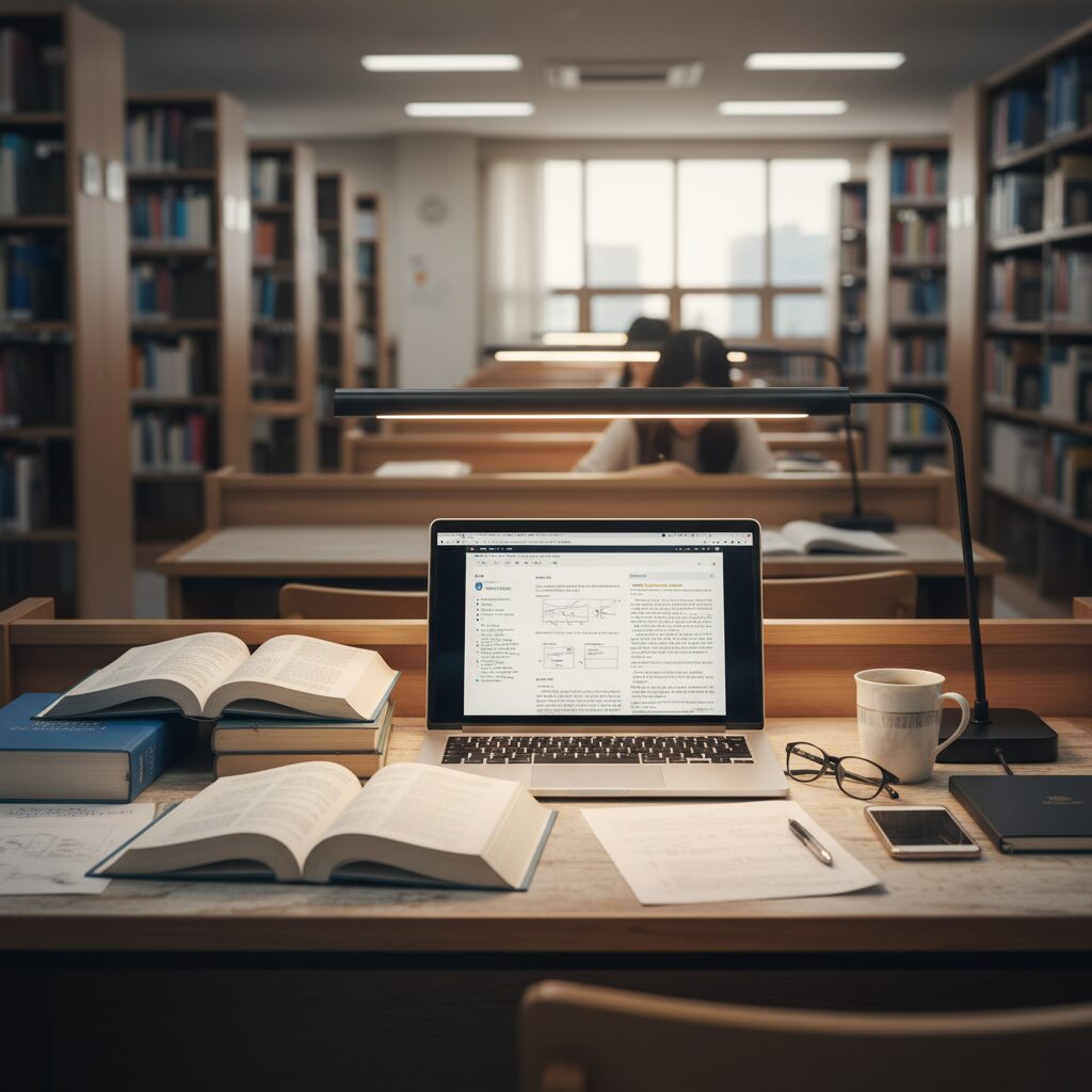 대학 도서관 책상 위에 열려 있는 노트북과 책들