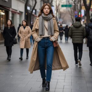 베이지색 트렌치코트와 크림색 니트를 레이어링한 늦겨울 스트리트 패션 스타일