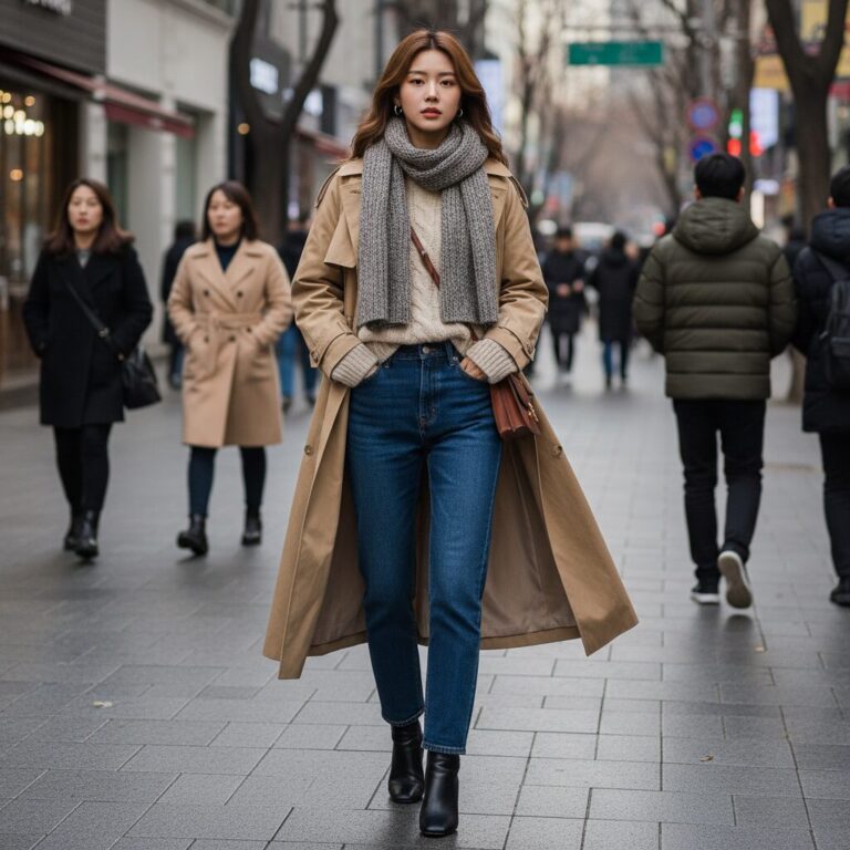 베이지색 트렌치코트와 크림색 니트를 레이어링한 늦겨울 스트리트 패션 스타일