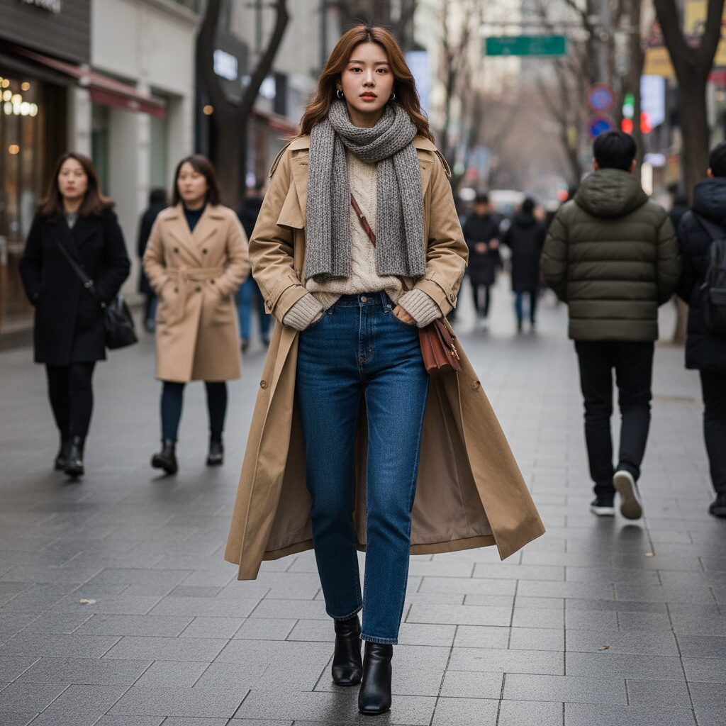 베이지색 트렌치코트와 크림색 니트를 레이어링한 늦겨울 스트리트 패션 스타일