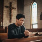 이마에 재를 바르며 기도하는 모습과 십자가