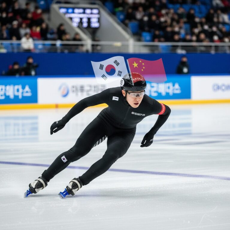 린샤오쥔 선수가 한국과 중국 국기를 함께 생각하며 경기하는 모습