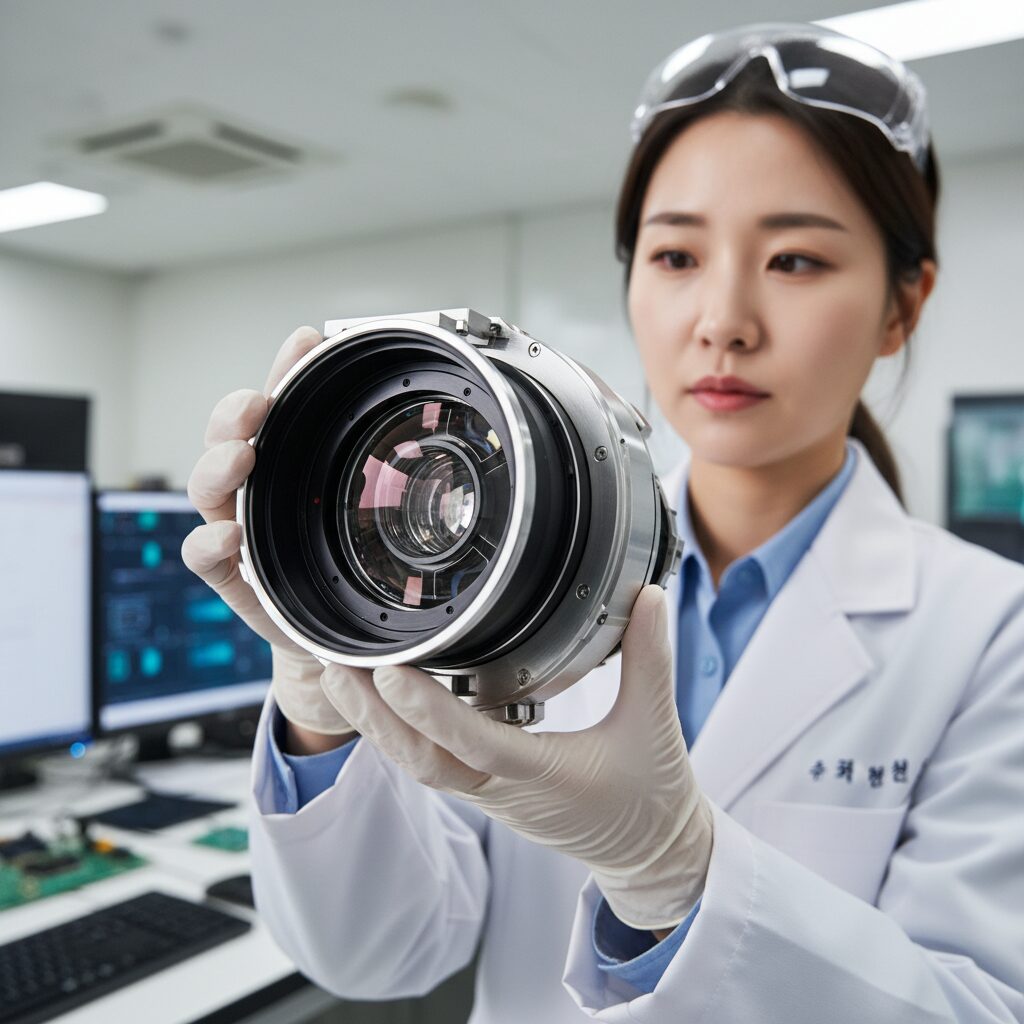 우주 탐사선과 드론에 탑재될 수 있는 고성능 광학 렌즈 모형을 손에 들고 있는 모습