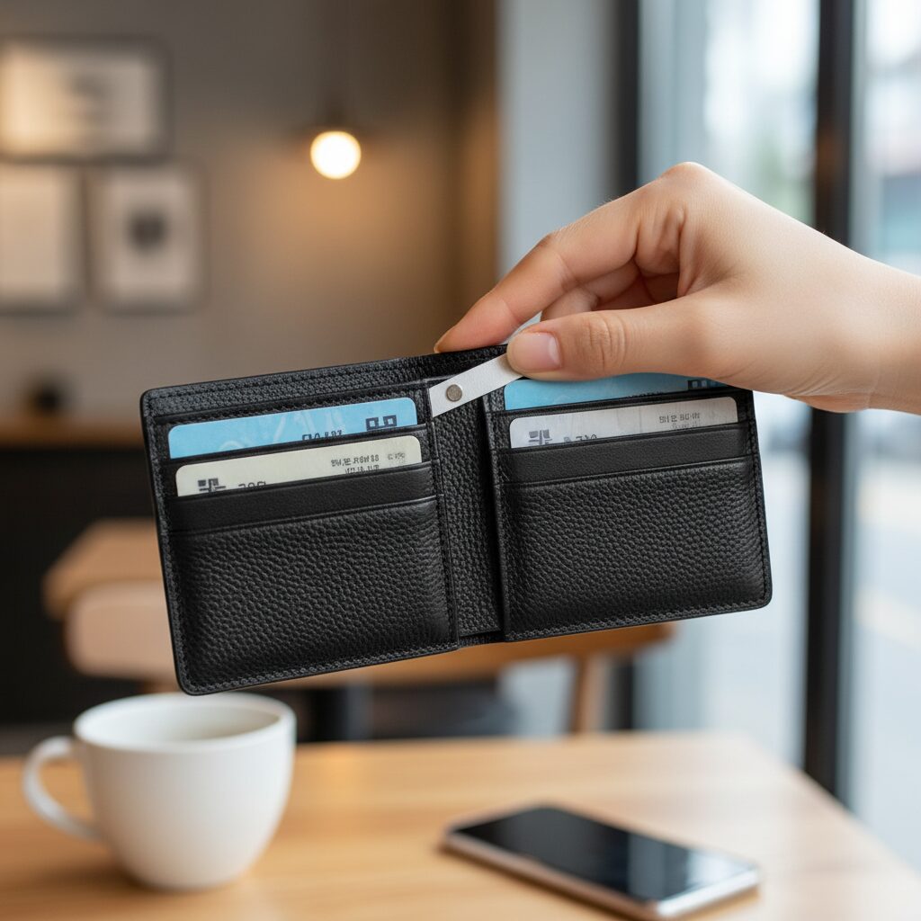 자석으로 여닫이가 가능한 얇은 미니 카드지갑 사진