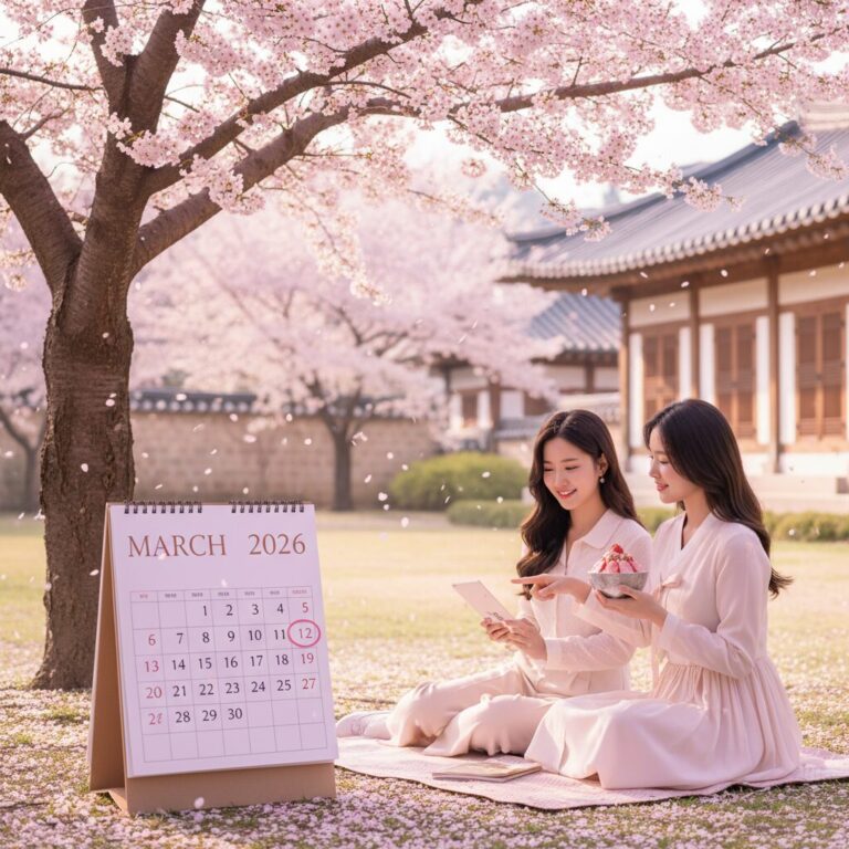 벚꽃이 만개한 나무 아래 2026년 3월 달력이 있는 핑크톤 배경화면