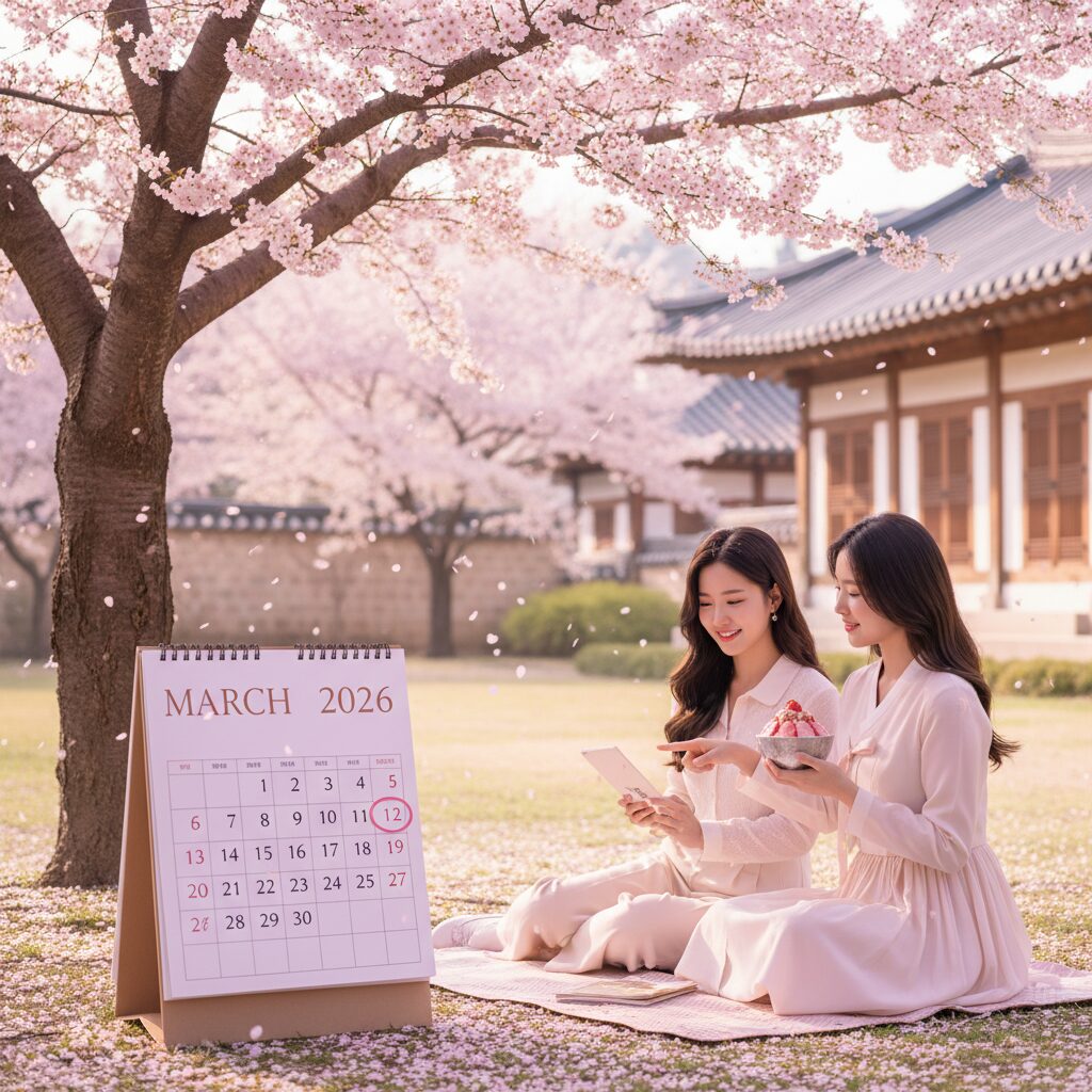 2026년 3월 달력 바탕화면 무료로 받아보기 1 벚꽃이 만개한 나무 아래 2026년 3월 달력이 있는 핑크톤 배경화면