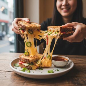 마사마드레 할라피뇨 멜팅치즈 샌드위치가 접시에 담겨 치즈가 쫄깃하게 늘어나는 모습