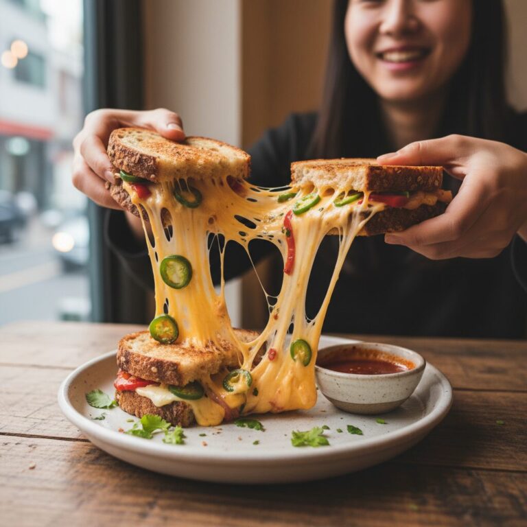 마사마드레 할라피뇨 멜팅치즈 샌드위치가 접시에 담겨 치즈가 쫄깃하게 늘어나는 모습