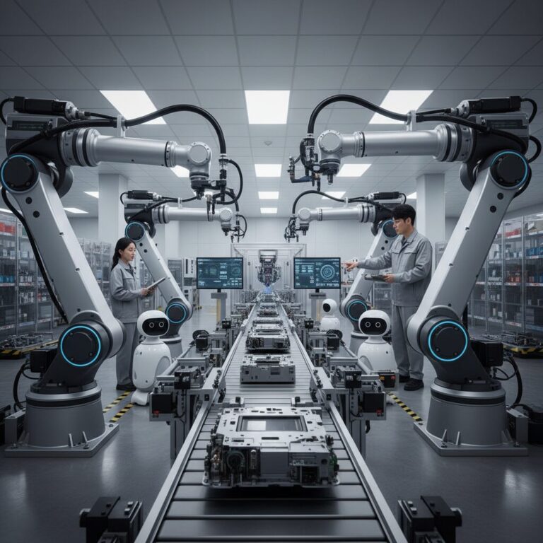 미래형 스마트 팩토리 내부에서 로봇 팔이 협업하는 모습