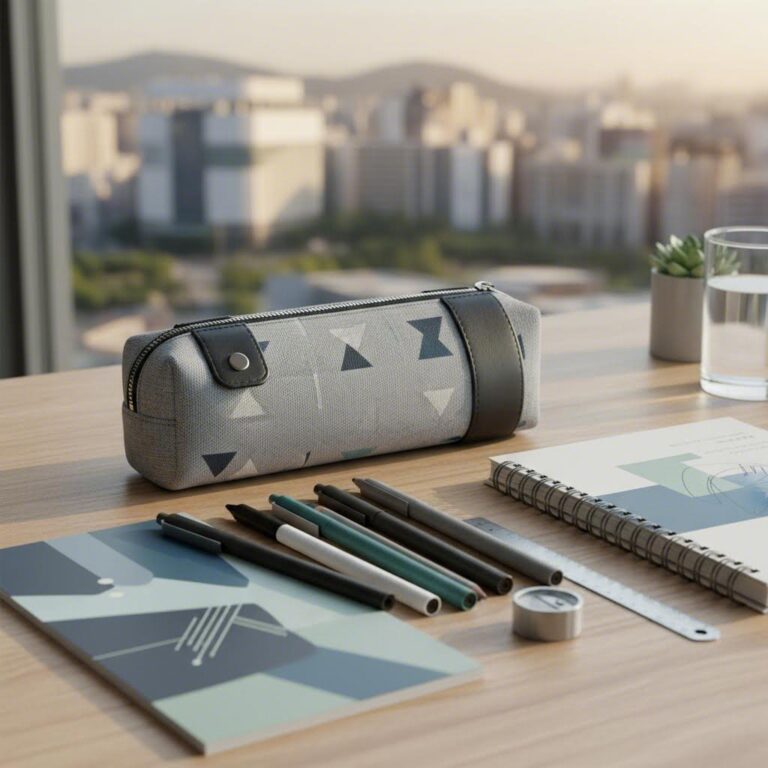 세련된 디자인의 중학생용 패브릭 필통과 학용품이 책상 위에 놓여 있음