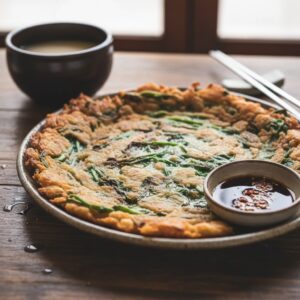 바삭하게 구워진 미나리전이 접시에 담겨 있는 모습