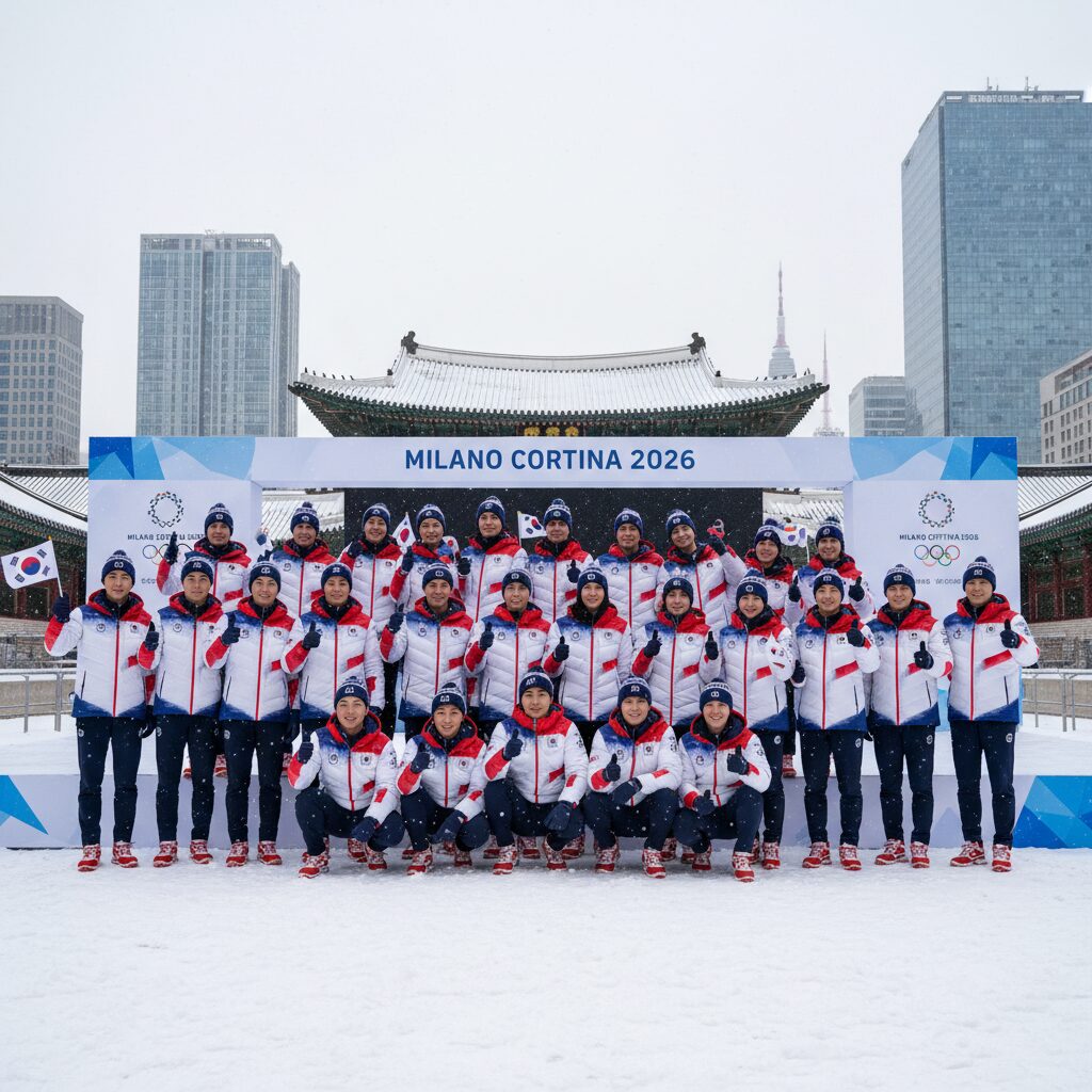 2026 밀라노 올림픽 주요 경기와 한국 선수 응원 가이드 2026 밀라노 코르티나담페초 동계올림픽에 참가하는 한국 선수단의 단체 사진