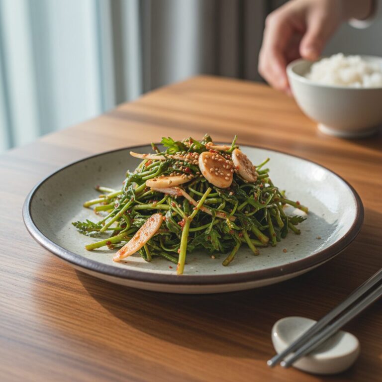 접시에 담긴 완성된 미나리무침 나물